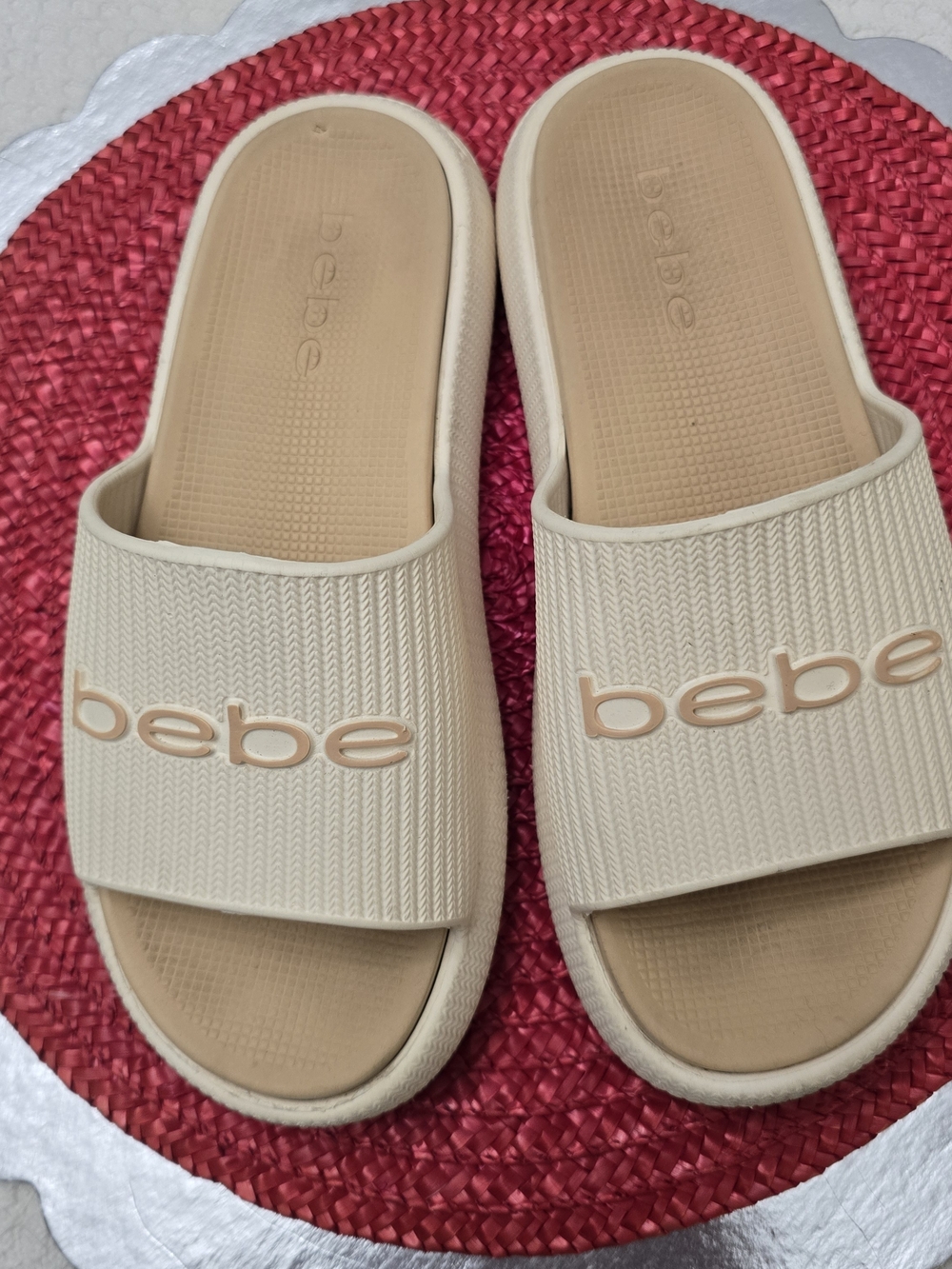 bebe Beige Slide Sandals with Logo